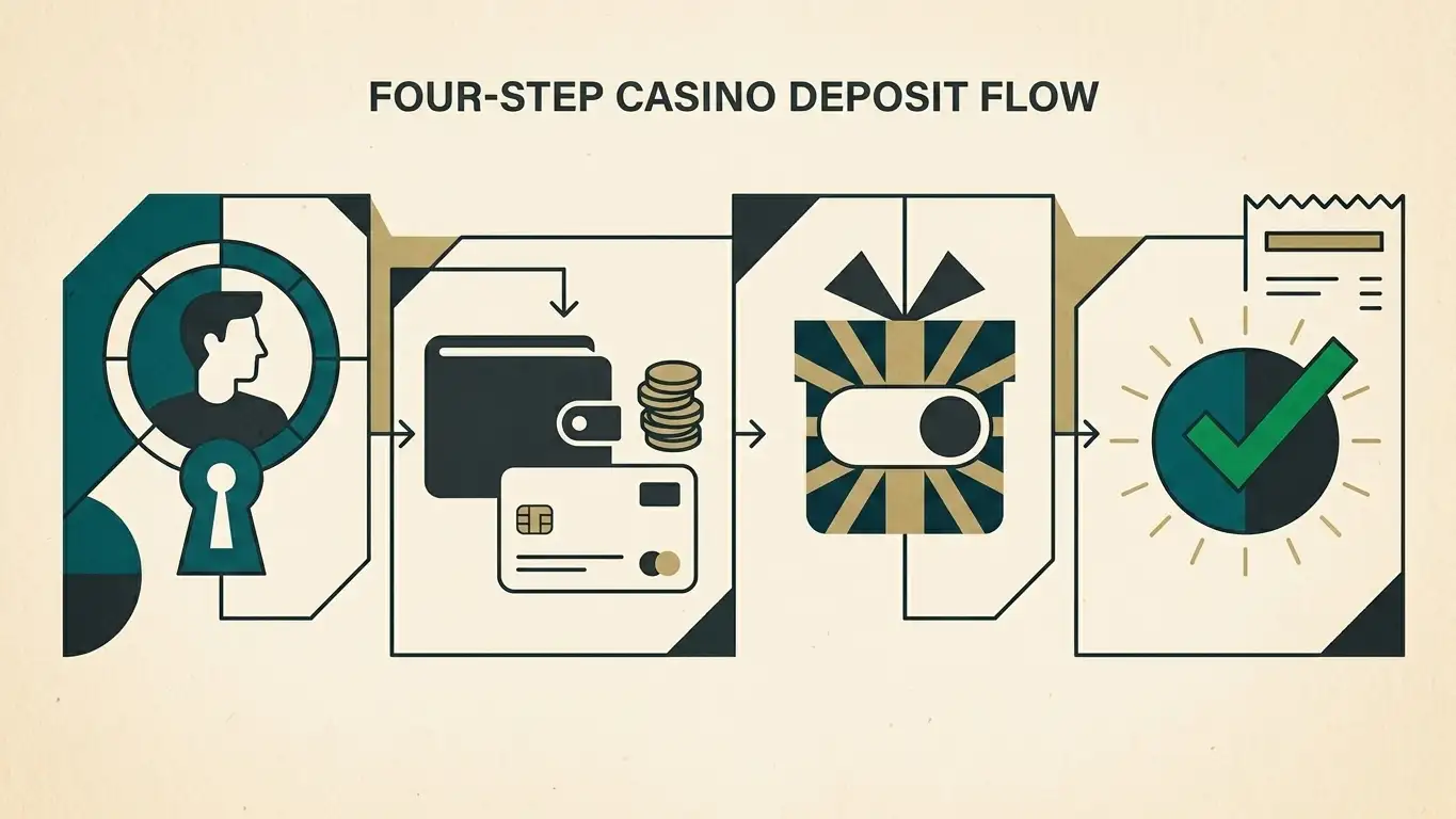 Spinland deposits UK four-step flow: account, payment method, bonus opt-in and confirmation