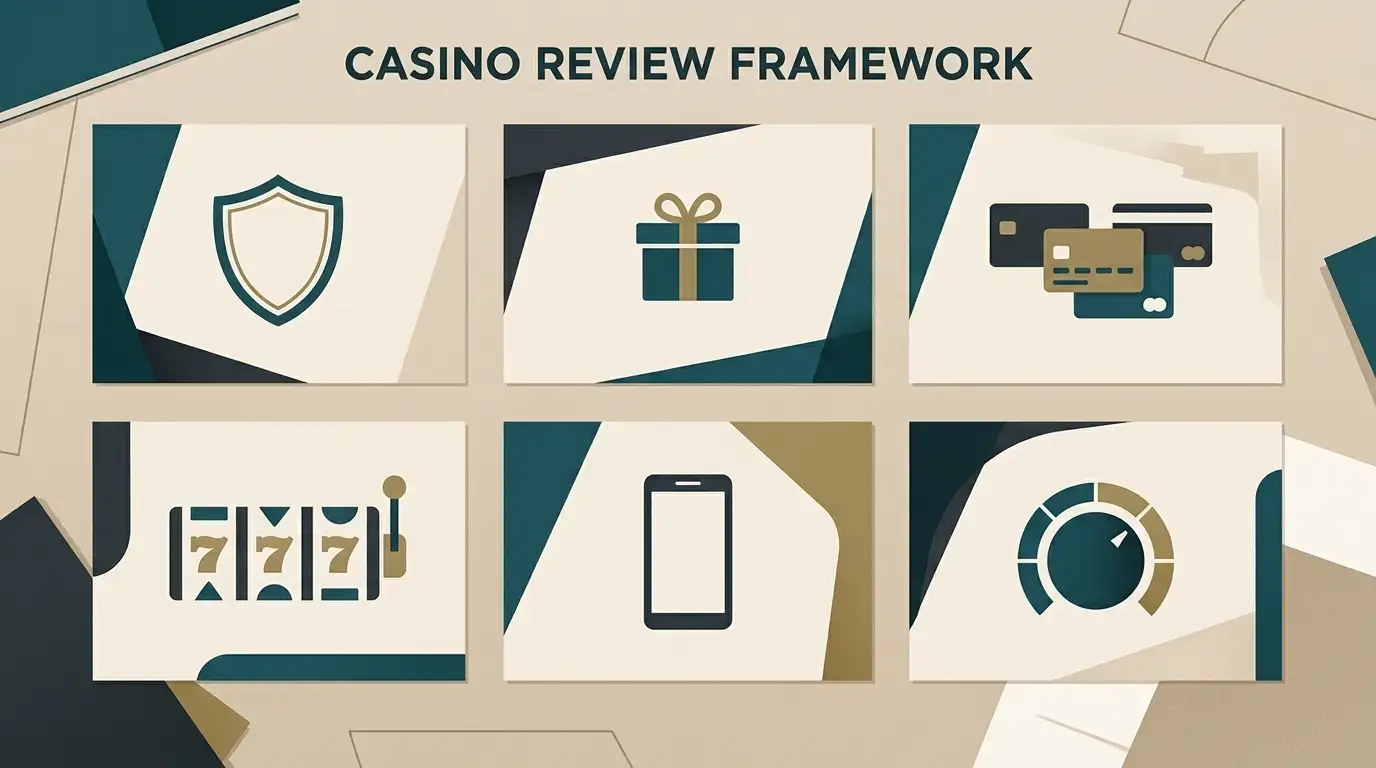 Editorial review checklist with licence, bonus, payments, games, mobile and safety columns