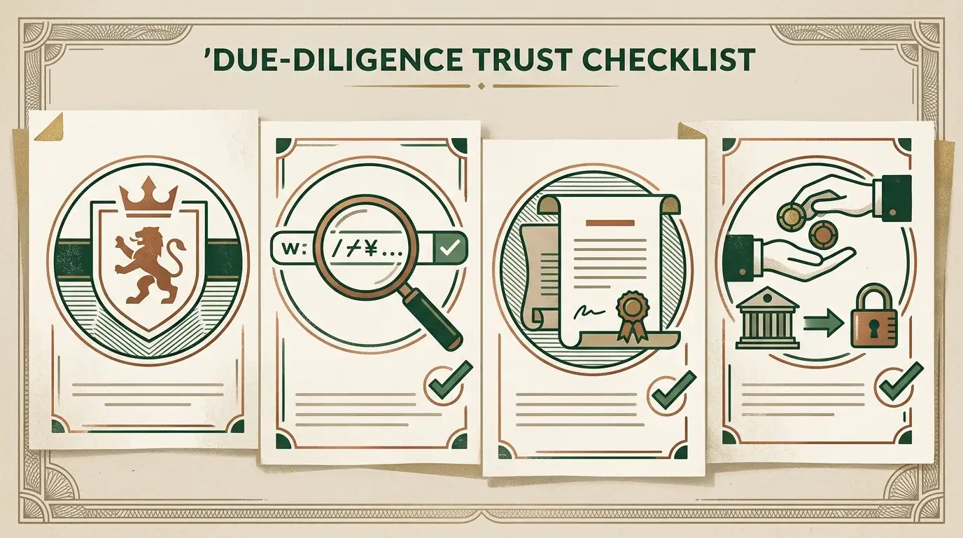 Abstract trust checklist for a UK casino review with regulator, domain, terms and withdrawal checkpoints