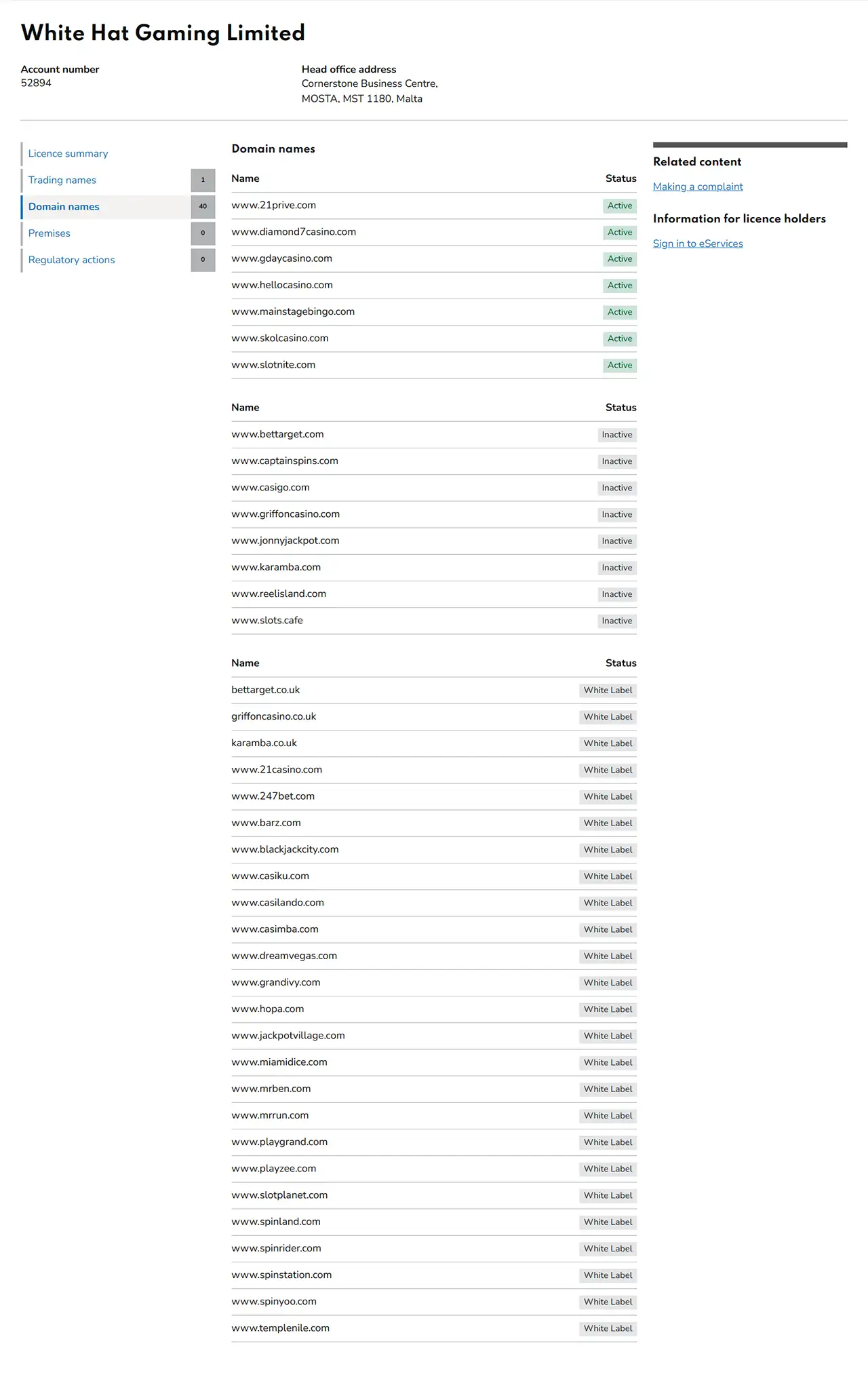 UKGC public register entry for White Hat Gaming Limited showing the Spinland domain listing