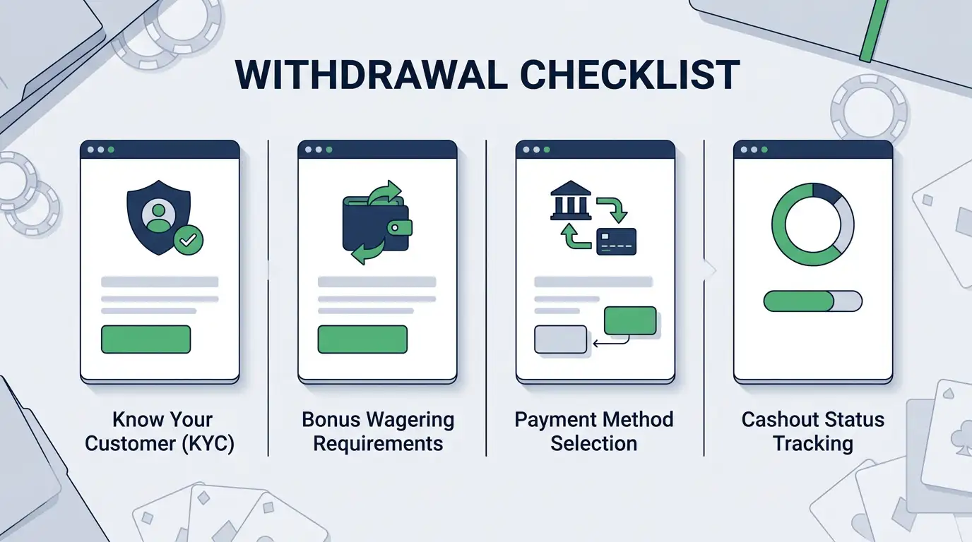 Withdrawal readiness checklist with KYC, wagering, payment method and cashout status icons